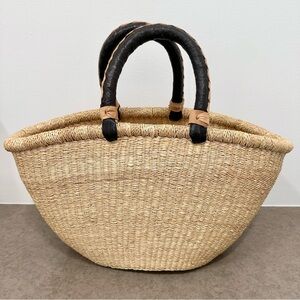 Bolga Market Basket Handwoven Elephant Grass Goat Leather-wrapped Handles Tote
